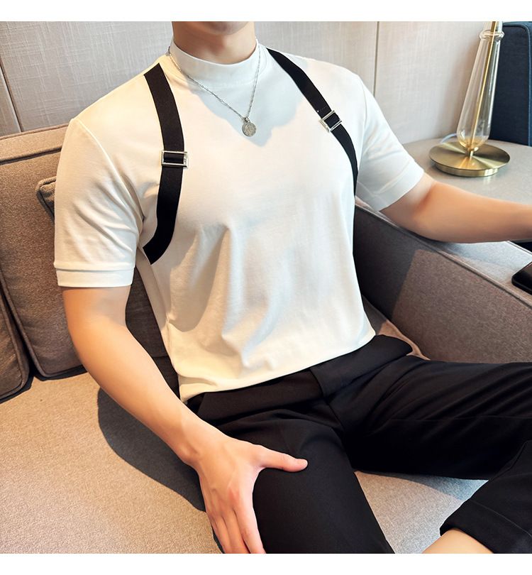 Good Things Recommend Summer Thin T-shirt Fashion Strap Design Splicing Round Neck Short-sleeved T-shirt Men's Webbing Decorative T-shirt_voghion.com