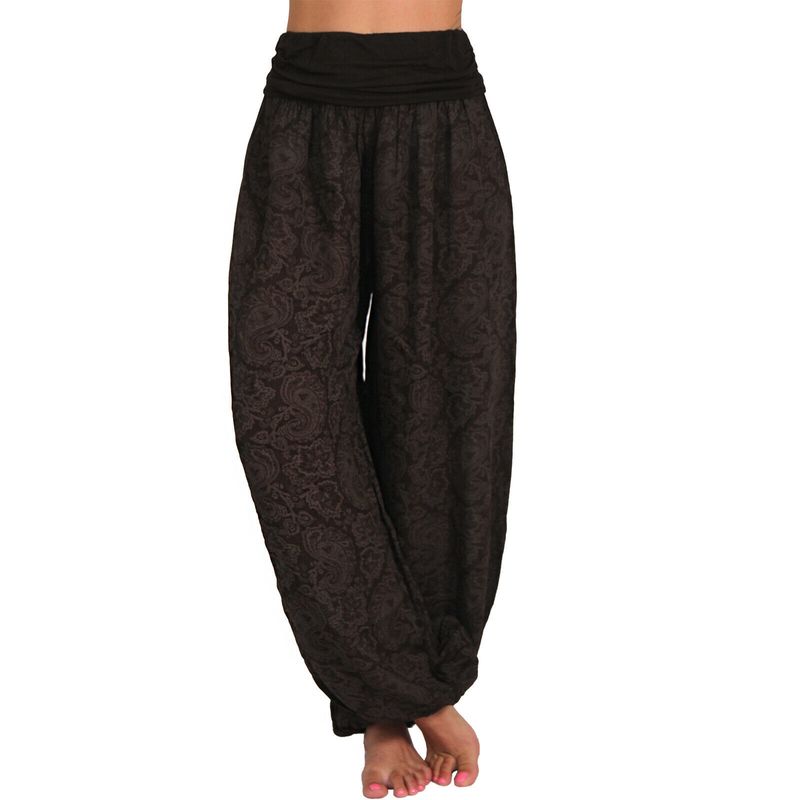 Roupas femininas Impressão digital Calças longas e largas Calças casuais Calças harém_voghion.com