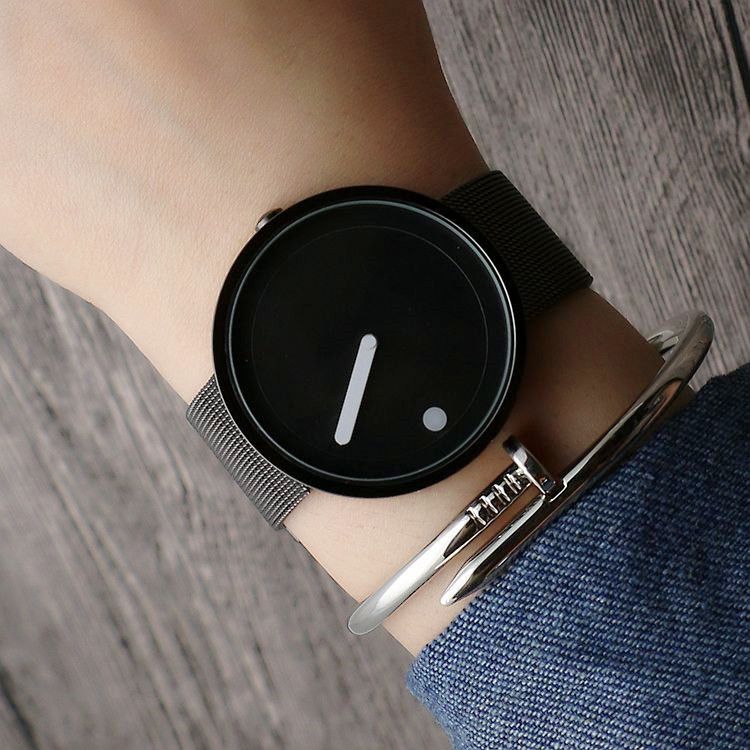 Gewebtes Mesh-Konzept im koreanischen Stil für Männer und Frauen, trendige Plattenspieleruhr mit Stahlarmband_voghion.com