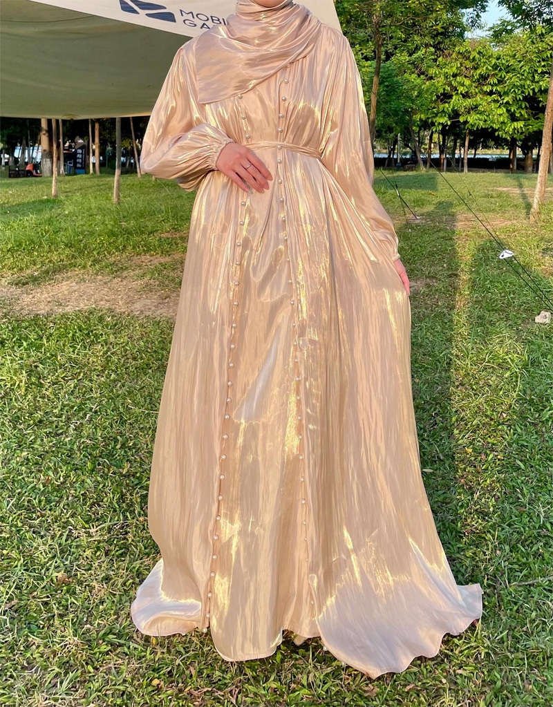 Verve Puff Sleeve Beaded Cardigan With Sleeveless Inner Two-Piece Set Flowing Sheer Long Dress_voghion.com