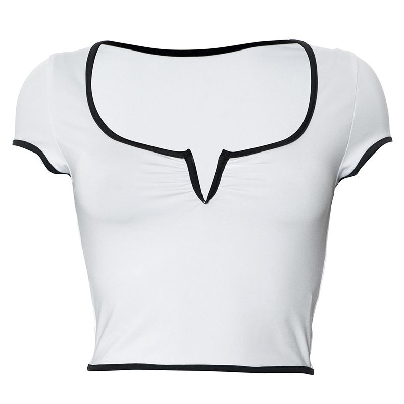 Q24TP118 Fashionable contrasting color U-neck pleated pullover short top for women's 2024 summer versatile style_voghion.com