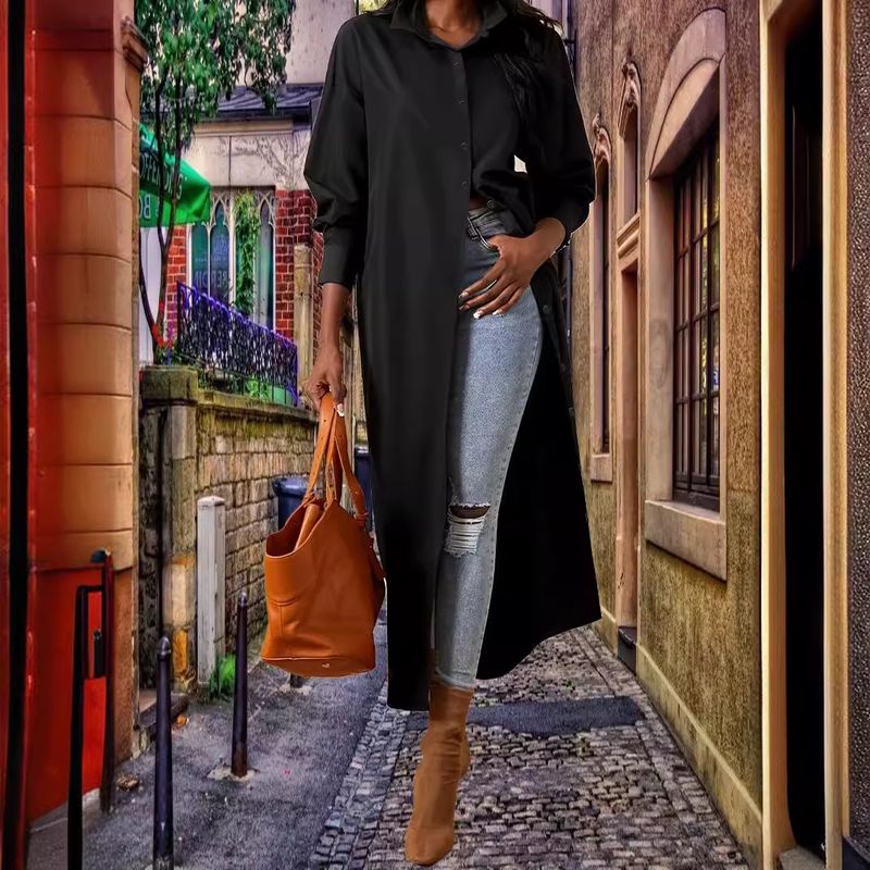 ChicShe 2024 Loose Women's Solid Color Turn-Down Collar Sleeve Pocket Plus Size European And American Style Long Dress_voghion.com