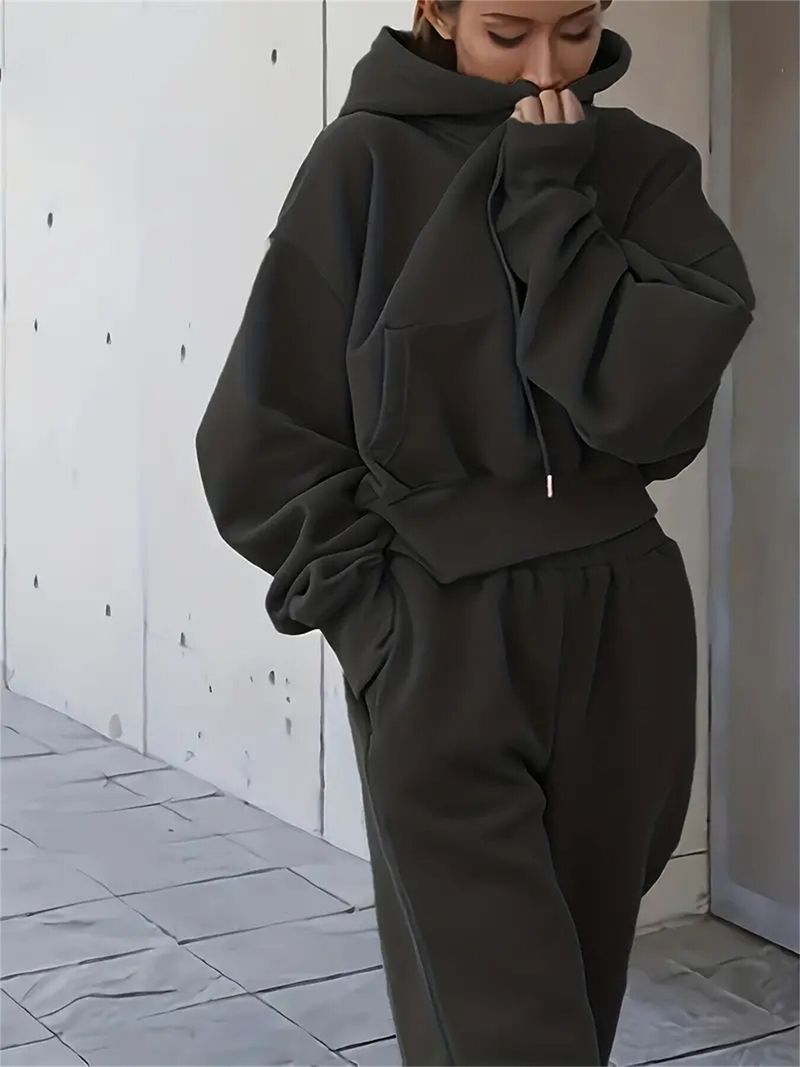 Conjunto esportivo de duas peças com capuz e calça casual de cor sólida para outono/inverno 2024 feminino_voghion.com