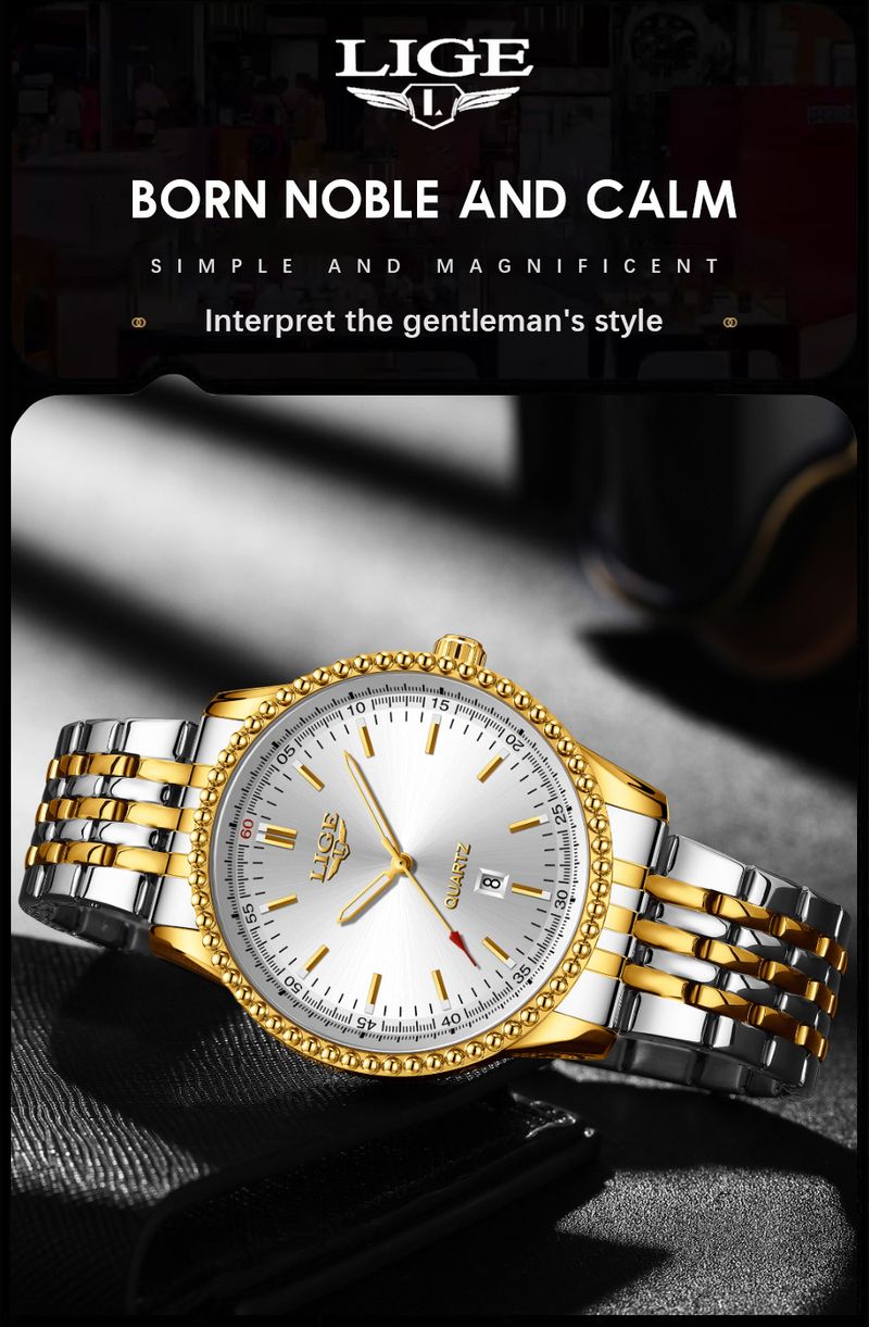 Herenhorloge van roestvrij staal met datumweergave, waterbestendig, lichtgevende wijzers en een zakelijke kalender in casual stijl._voghion.com