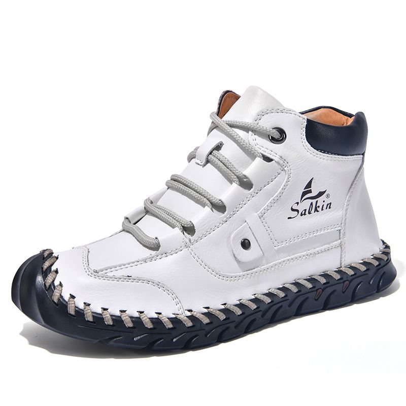 Plus Size Color Block Leather Men's Fashion Hand-Stitched Ankle Boots Flat Lace-Up Casual_voghion.com