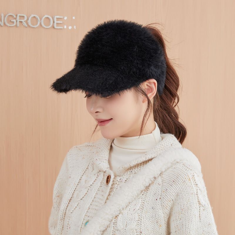 Schlichter, einfarbiger Plüsch-Visierhut im japanischen Stil von Surge für Damen, Herbst und Winter, kein Make-up nötig, Pferdeschwanz, warm für draußen_voghion.com
