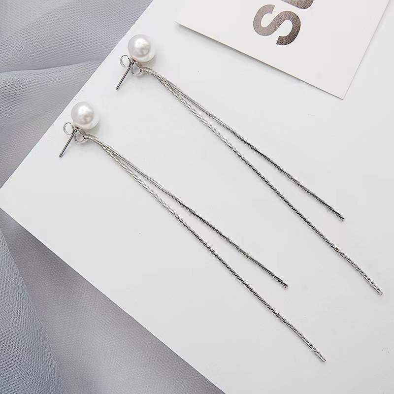Korean Pearl Tassel Accessories Long Earrings Snake Bone Chain Thread Elegant Versatile Ear Jewelry_voghion.com