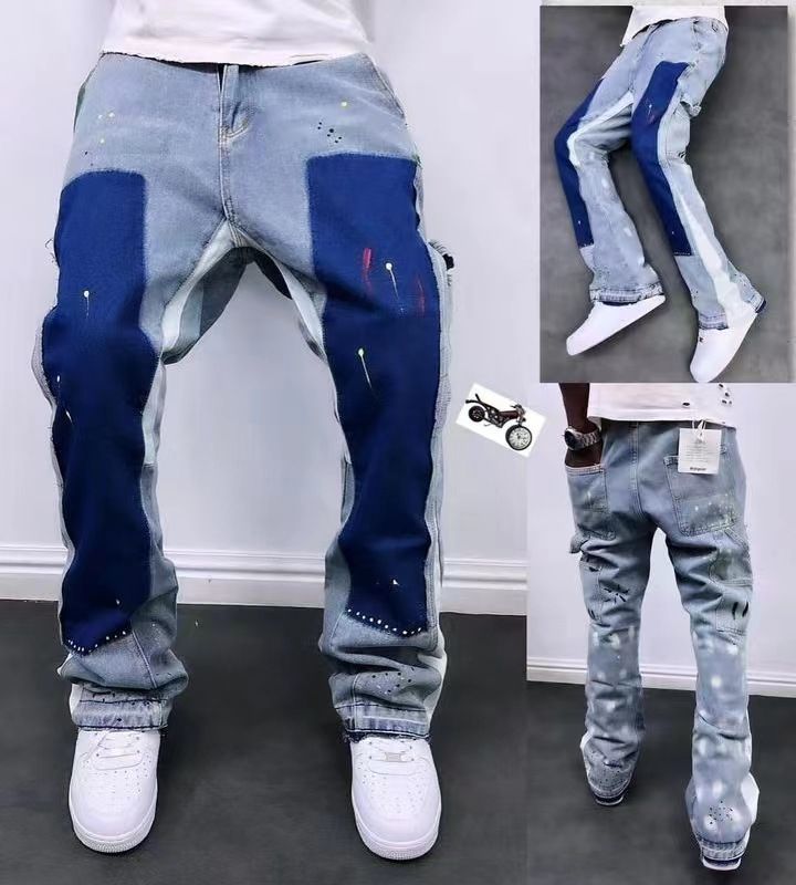 Vêtements pour hommes, style High Street, lavage intensif, éclaboussures d'encre ancienne, déconstruction des couleurs, pantalon à pattes d'éléphant, sous-tendance, personnalité, niche, jeans empilés_voghion.com