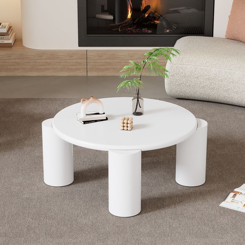Table basse moderne White Cloud avec 4 pieds stables, petite table d'appoint ronde blanche pour salon, chambre, balcon, terrasse, design à bords arrondis_voghion.com