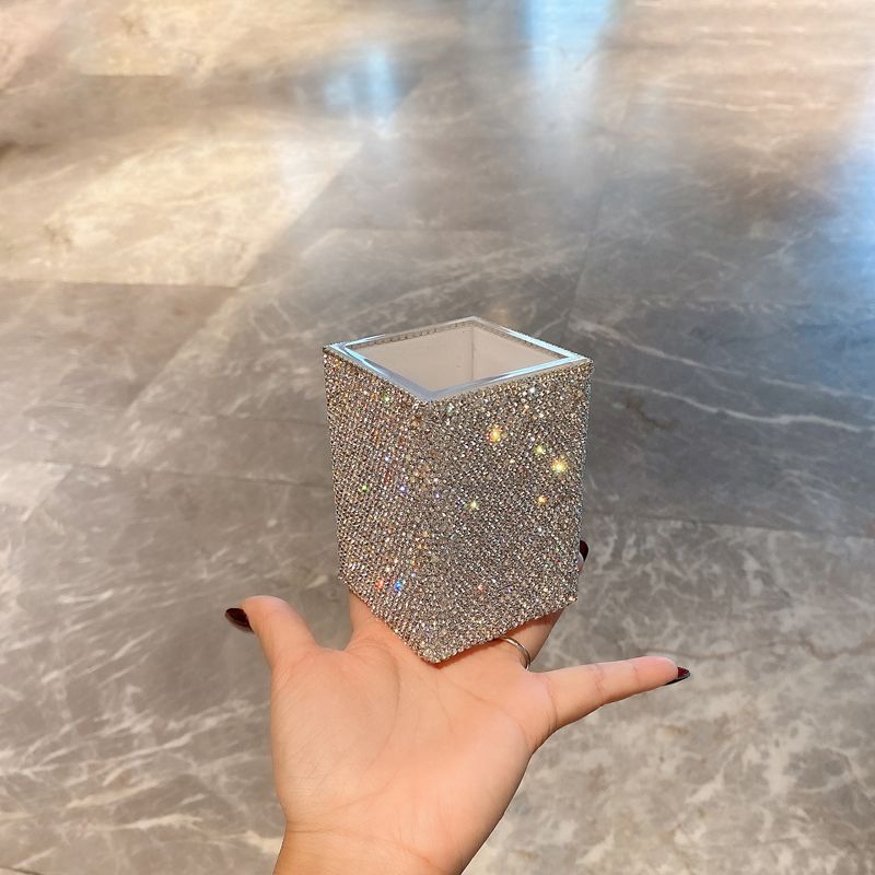 Luxury Acrylic Car Organizer With Diamond Accents – 18L Large Capacity Waterproof Storage Box For Makeup Brushes, Pens & Essentials_voghion.com