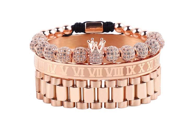 Bracciale da uomo con corona intrecciata, con sfere in zirconio e testo romano, in acciaio inossidabile, con catena per orologio da uomo in acciaio al titanio_voghion.com