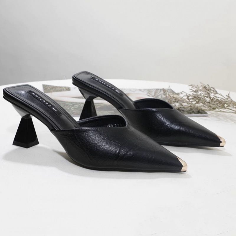 Try-On Half Mules High Heels Elegant Internet Celebrity Sandals Women's New Season Pointed Toe Versatile Chunky Heel_voghion.com