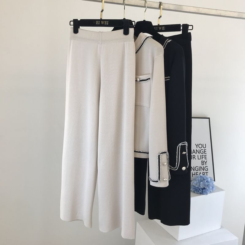 Kadın moda yuvarlak boyun örme hırka üst geniş bacak pantolon iki parçalı set_voghion.com