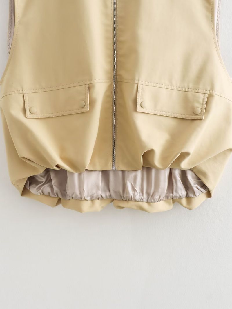 Gilet streetwear tendance à ourlet volanté - Polyester tissé léger, col rond, fermeture éclair sur le devant - Jaune, noir, gris clair, vert kaki (S/M/L/XL)_voghion.com