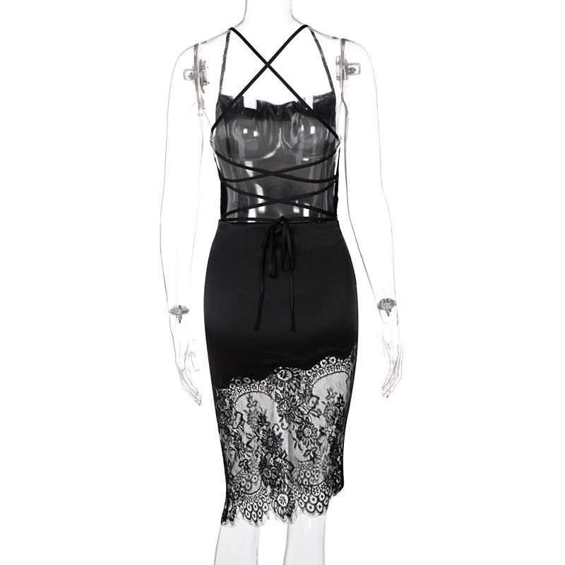 Wind Sexy Patchwork Kleid 2024 Herbst Neue Lace Up Backless Stil Rock_voghion.com