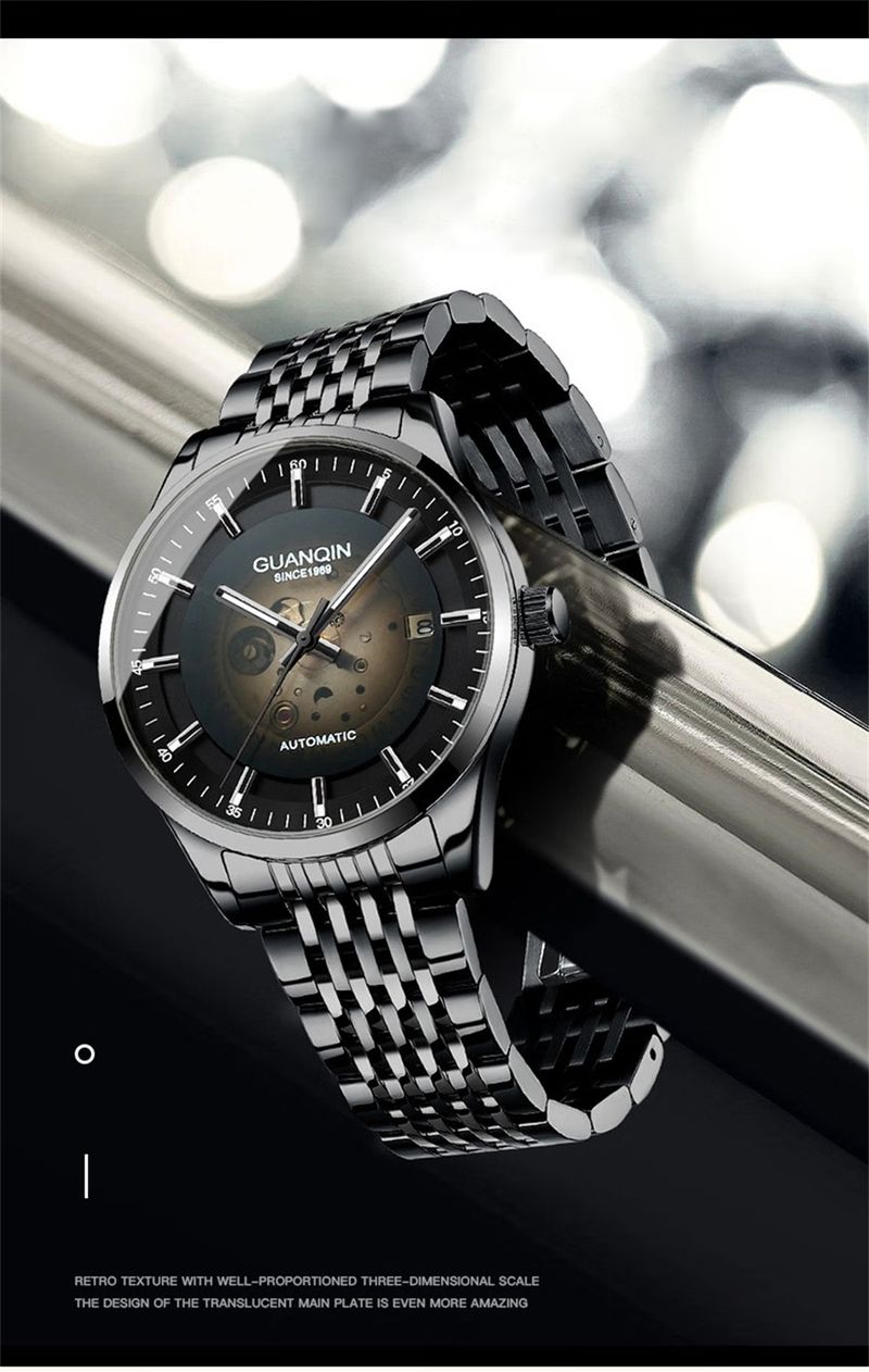 Orologio da uomo di lusso GUANQIN in acciaio inossidabile con data e movimento meccanico automatico giapponese Miyota._voghion.com