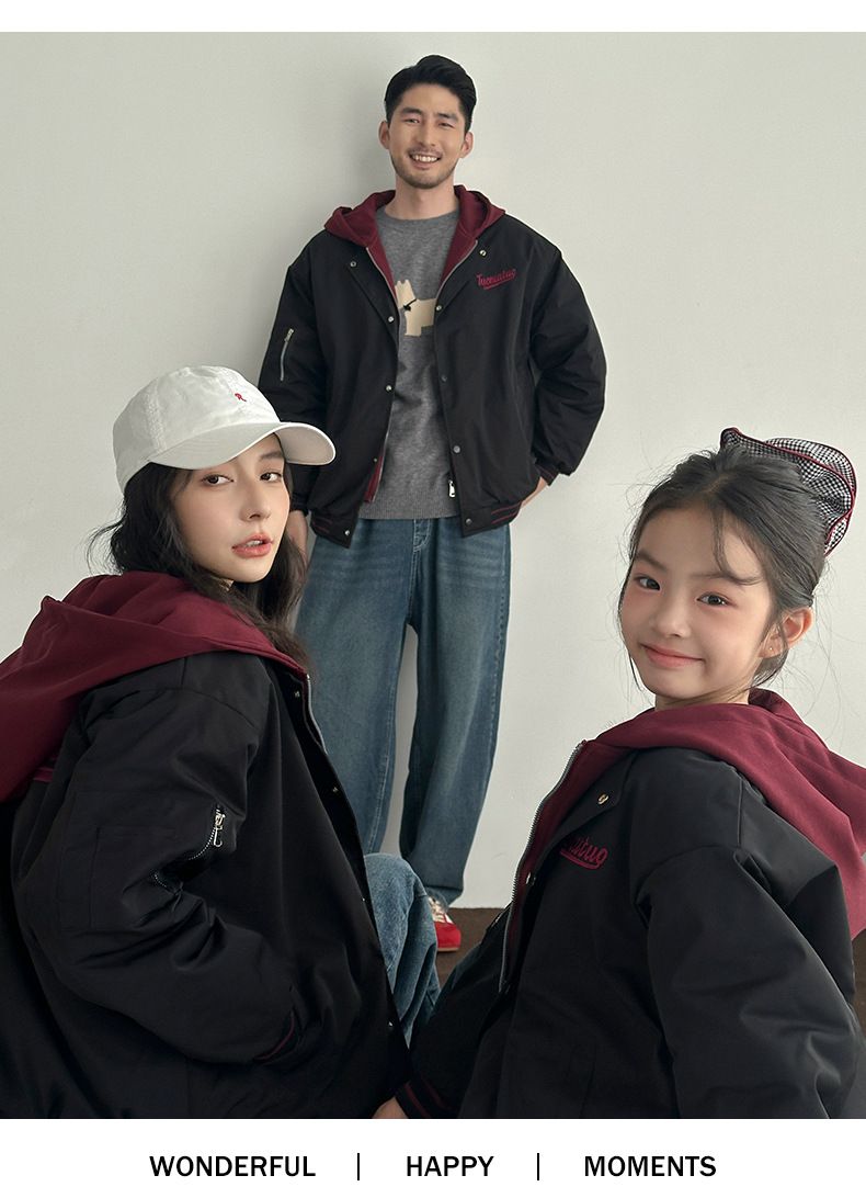 Cappotto invernale con cappuccio ricamato in stile coreano – Giacche coordinate per la famiglia, per genitori e bambini (80 cm-3XL, nero/classico)_voghion.com