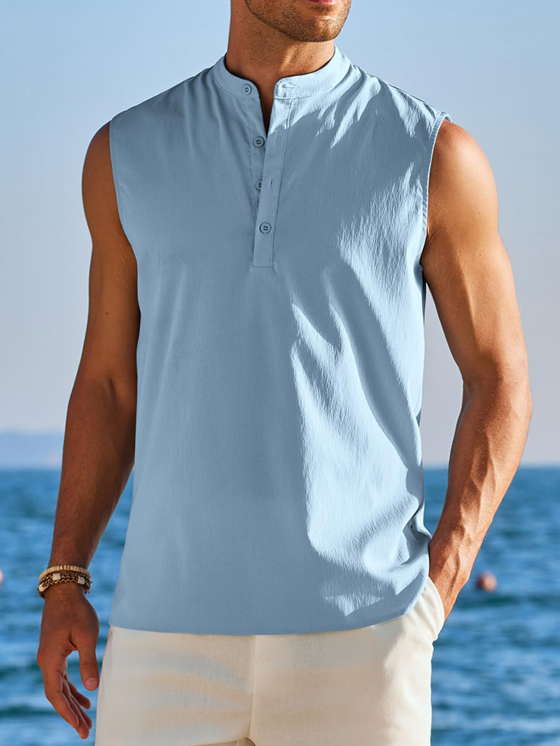 Vêtements pour hommes printemps et été, nouvelle chemise sans manches semi-ouverte pour hommes, gilet décontracté d'extérieur pour hommes_voghion.com