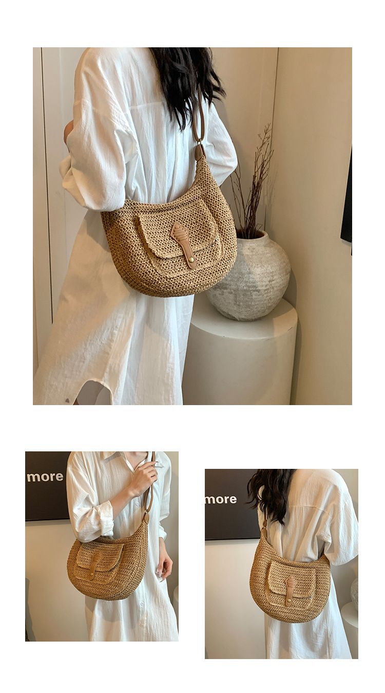Straw Bag Woven Bag Casual Holiday Wind Straw Bag Women's Single Shoulder Underarm Saddle Bag Large Capacity Beach Bag_voghion.com