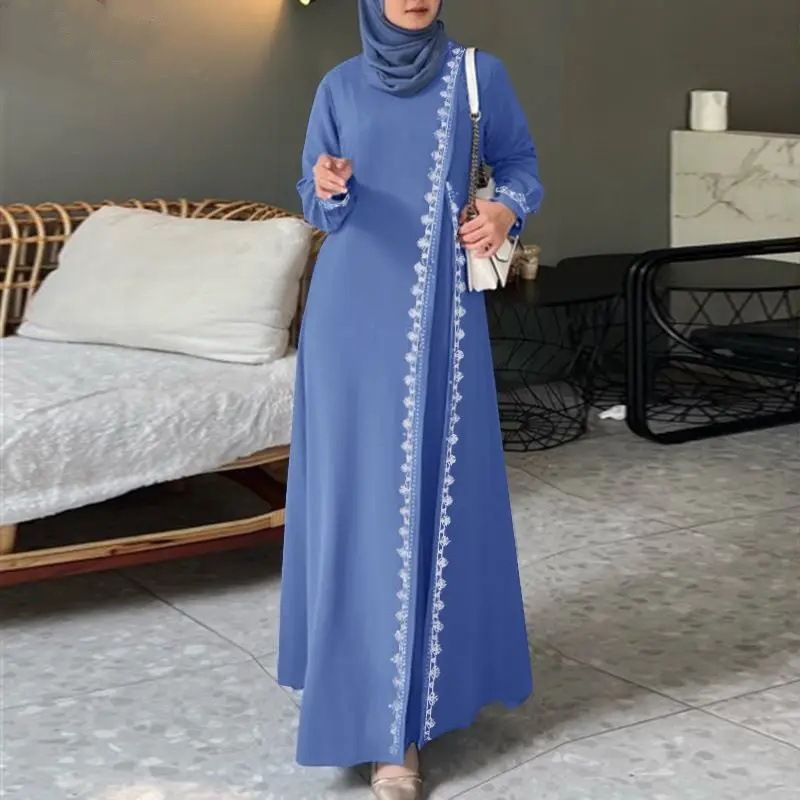 Damenkleidung Muslimisches Gewandkleid Mode Langarm Spitze Häkelweste Damen Frühling Casual Fake Zweiteiliges Kleid_voghion.com