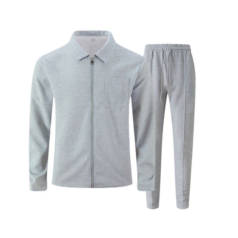 Men's Waffle-Knit Zip-Up Jacket Set – Slim-Fit Autumn Layering Piece With Notch Lapel & Functional Pockets (Black/Grey/Khaki/White/Olive/Burgundy)_voghion.com