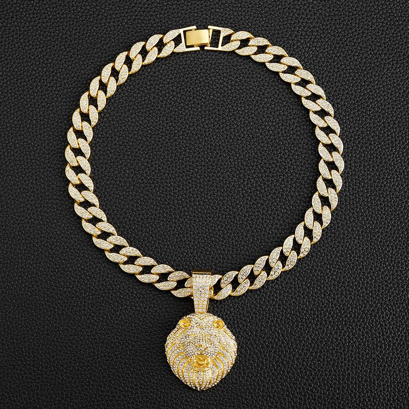 Cool Full Dia Personality Three Dimensional Lion Head Pendant Cuban Necklace Street Hip Hop Style_voghion.com