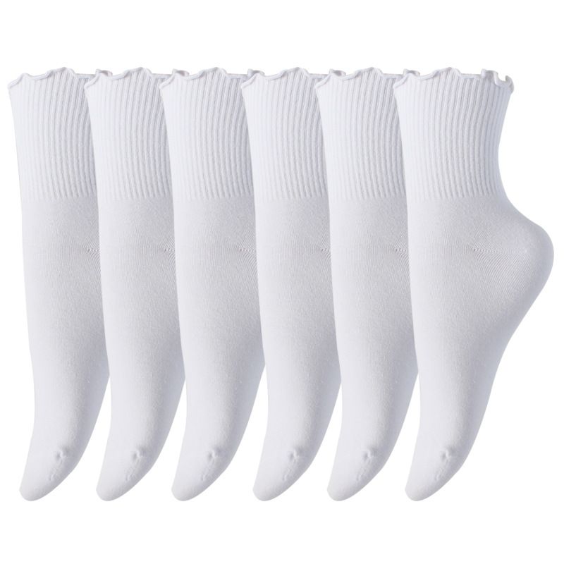 Calzini da donna Calzini alla caviglia plissettati da donna Calzini autunnali invernali in cotone con pizzo alle orecchie in legno Calzini a tubo medio da donna in tinta unita_voghion.com