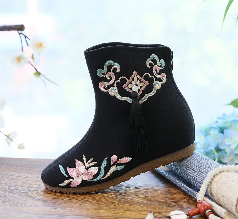 Stivali bassi, nappe ricamate, scarpe di stoffa abbinate a scarpe invernali imbottite e morbide in cotone Hanfu da donna, tacchi alti_voghion.com