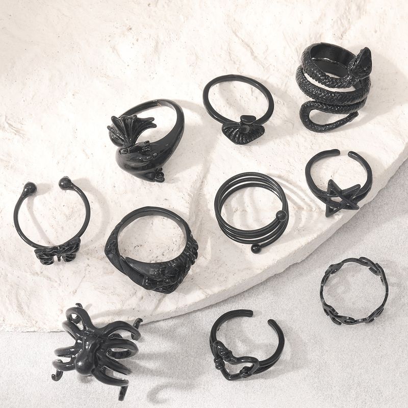 Ensemble de 10 bagues de personnalité exagérées en plaqué noir, motif papillon, cœur, champignon, pentagramme, patte de serpent_voghion.com