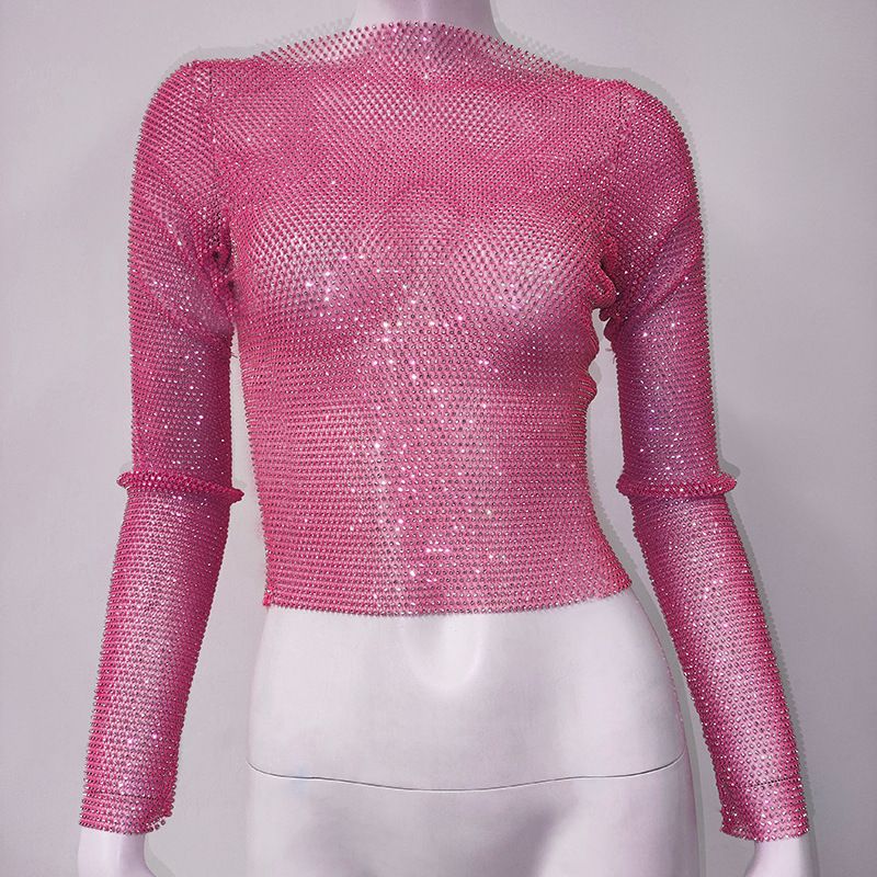 Maglietta da pesca con strass, a maniche lunghe, girocollo, leggera e di lusso, da donna, con look scintillante, alla moda e di tendenza._voghion.com