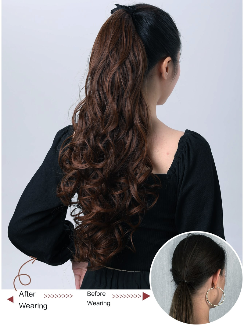 Estensioni dei capelli ricci avvolgenti coda di cavallo marrone scuro Parrucchino lungo 24 pollici per regalo per donne e ragazze_voghion.com
