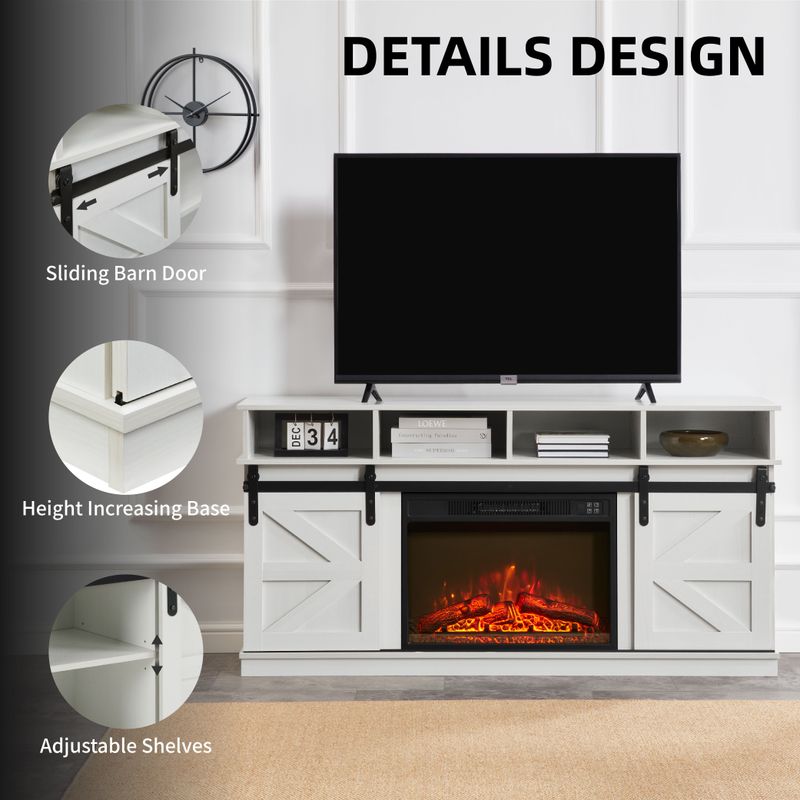 Modern Farmhouse TV Media Stand, Large Barn Inspired Home Entertainment Console, With 23" Fireplace Insert, For TV Up To 65'', With Open Shelves And Closed Cabinets, White_voghion.com