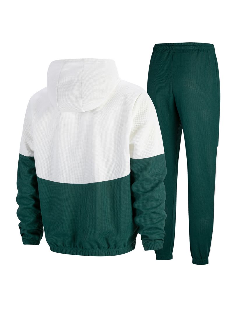 Ensemble veste et pantalon de survêtement zippés color-block pour homme – Noir/Vert/Bordeaux (S-XXXL, 100 % polyester, léger pour un style streetwear et décontracté)_voghion.com