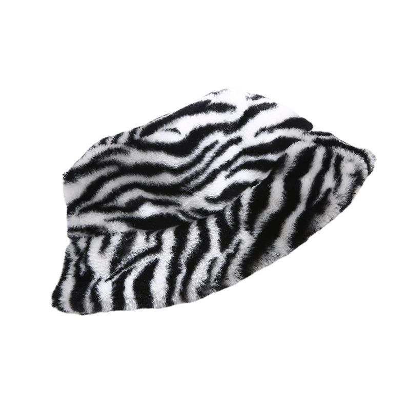 Sonbahar Kış Tencere Kadın Kalınlaştırılmış ve Sıcak Kuzu Kılı Balıkçı Çok Yönlü Zebra Desenli Peluş Şapka_voghion.com
