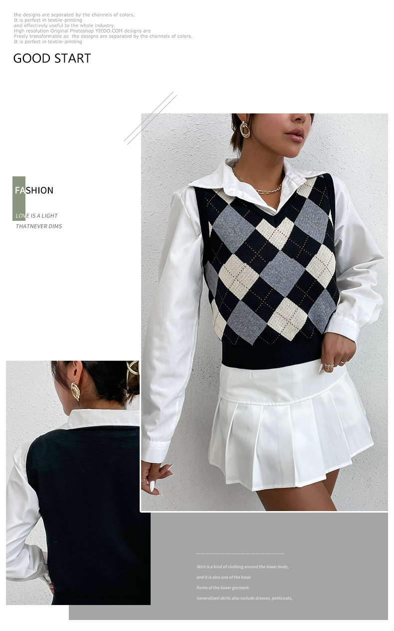 College Sweet and Spicy Style Short Knitted Rhombus Sweater Waistcoats_voghion.com
