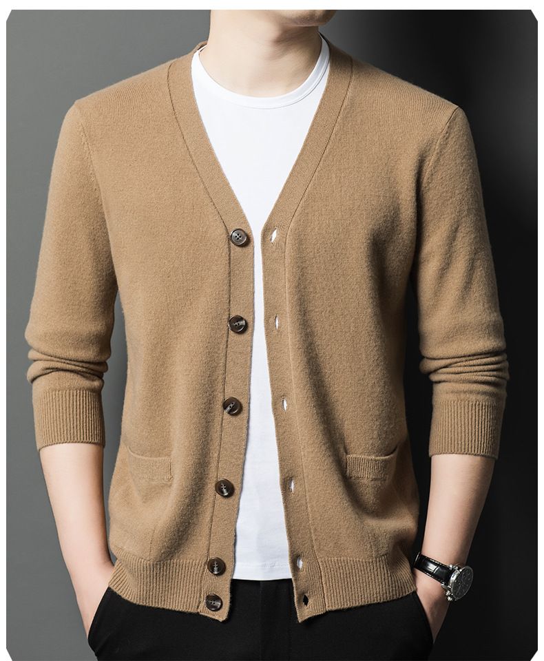 Herbst-Winter-Pullover aus reiner Wolle mit V-Ausschnitt und einfarbigem Farbverlauf für Männer mittleren und älteren Alters, vielseitiger Strickpullover_voghion.com
