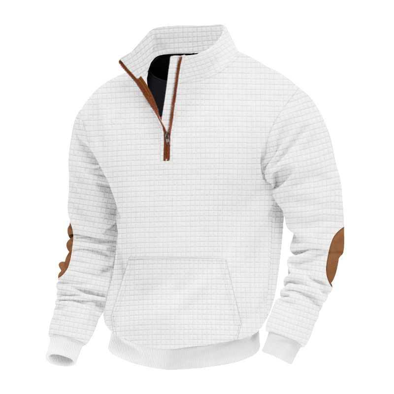 American Style Autumn Winter Men's Casual Sweatshirt Jacquard Small Square Embroidery Patchwork Stand Collar Loose Top_voghion.com