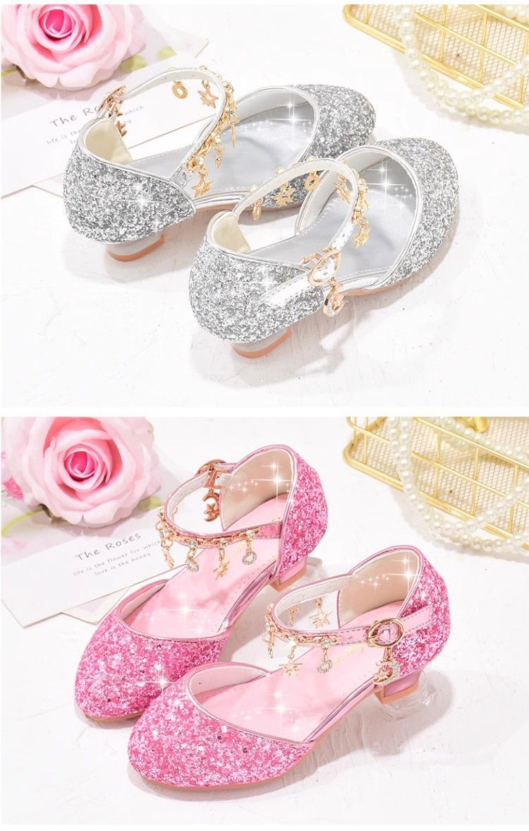 Scarpe da bambina Scarpe con tacco alto glitterate per bambini Scarpe da principessa in vetro con polvere d'oro e argento per quattro stagioni_voghion.com