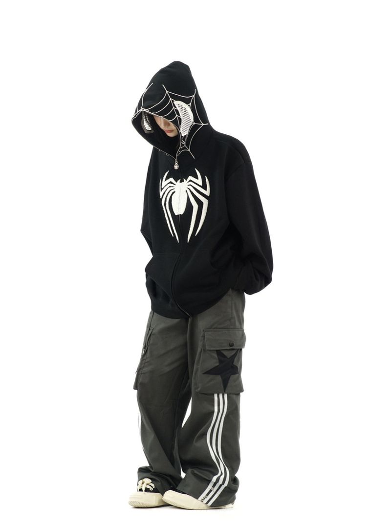 Felpa con cappuccio unisex autunnale scura con cerniera e stampa di Spider-Man in stile gotico_voghion.com