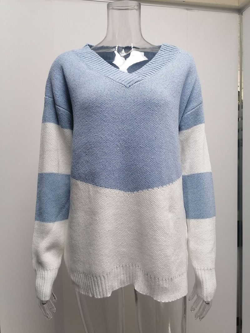 Pull ample à col en v pour femme, pull ample avec couleurs contrastées, automne et hiver_voghion.com
