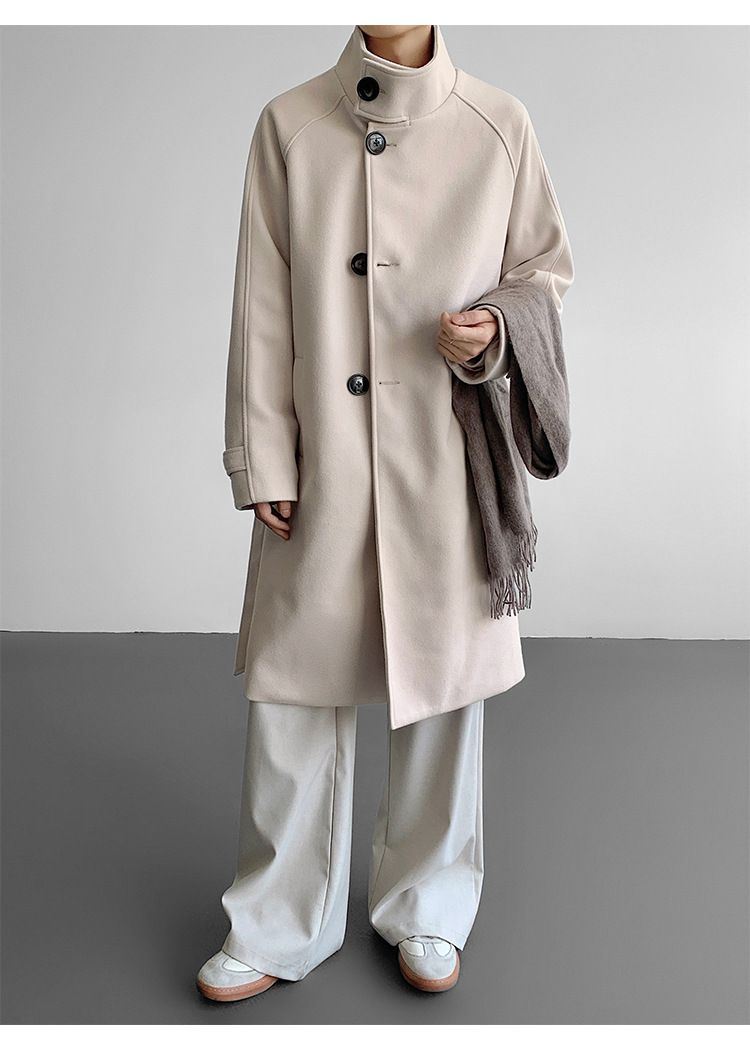 Gabardina de mezcla de lana con cuello alto para hombre: abrigo largo entallado, chaqueta de invierno de botonadura sencilla (negro/albaricoque, M-5XL)_voghion.com