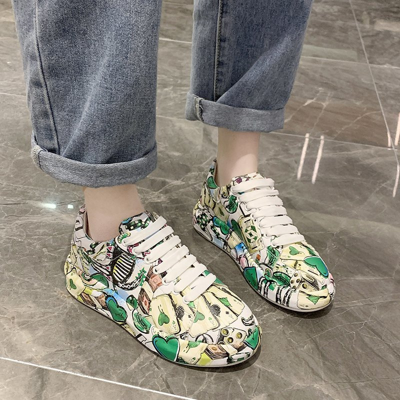 Exklusiv für Frühling und Herbst 2023, Oberbekleidung, runde Zehenpartie, flacher Mund, Graffiti-Design, Schnürung, kleine Einzelschuhe, große Damenschuhe_voghion.com