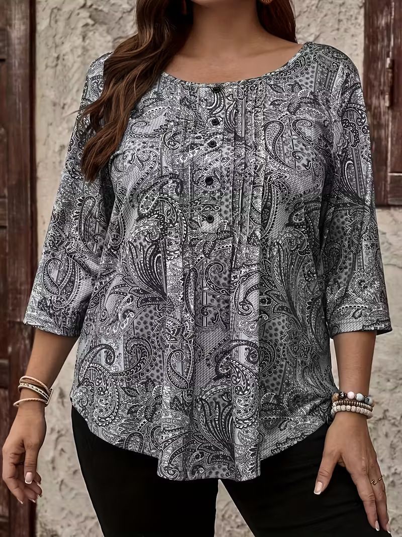 Plus Size Women's Paisley Print Long Sleeve Button-Down Blouse - Loose Fit Casual Tunic Top For Autumn & Winter (Green, Grey)_voghion.com