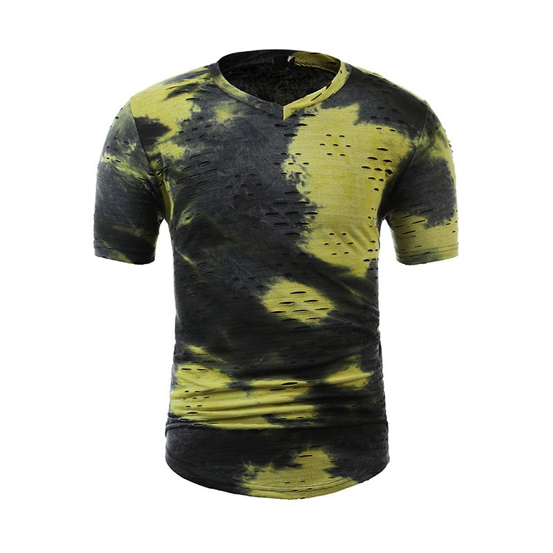 Herrenbekleidung, lässige Mode, offenes Lächeln, Persönlichkeit, Loch, glühende Farbe, passend, große Größe, kurzärmeliges T-Shirt mit V-Ausschnitt_voghion.com