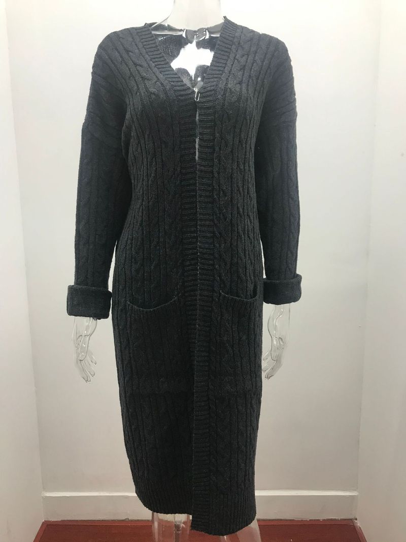 Langer Cardigan-Pullover für Damen mit Doppeltaschen, grob gestrickter Mantel mit offener Vorderseite, weiche Baumwoll-Acryl-Mischung, übergroßer V-Ausschnitt, lässig_voghion.com