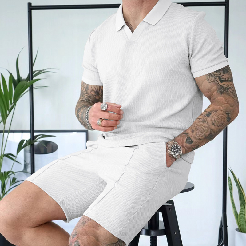 Ensemble d'été 2 pièces pour hommes, costume gaufré, couleur unie, mince, décontracté, Polo, manches courtes, ensemble Short et haut_voghion.com