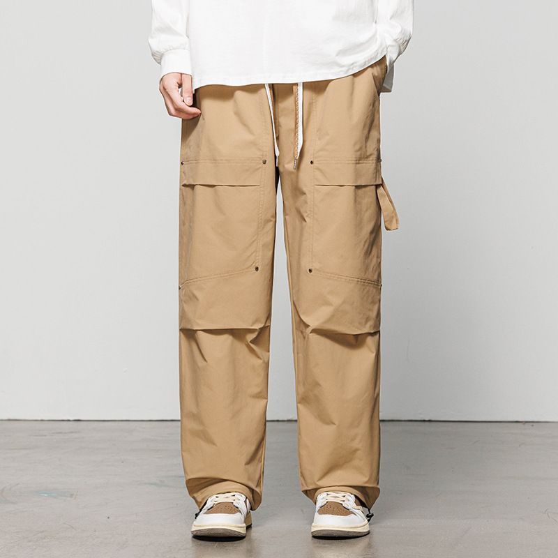Heren lente en herfst nieuwe wijde pijpen werkkleding losse casual eenvoudige effen kleur multi-pocket broek_voghion.com