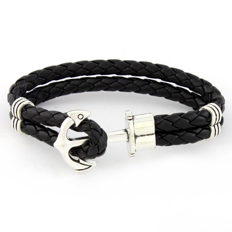 Beaded Snake Pattern Anchor Hip-Hop Personality Genuine Leather Men's Bracelet High-End Jewelry Accessories_voghion.com