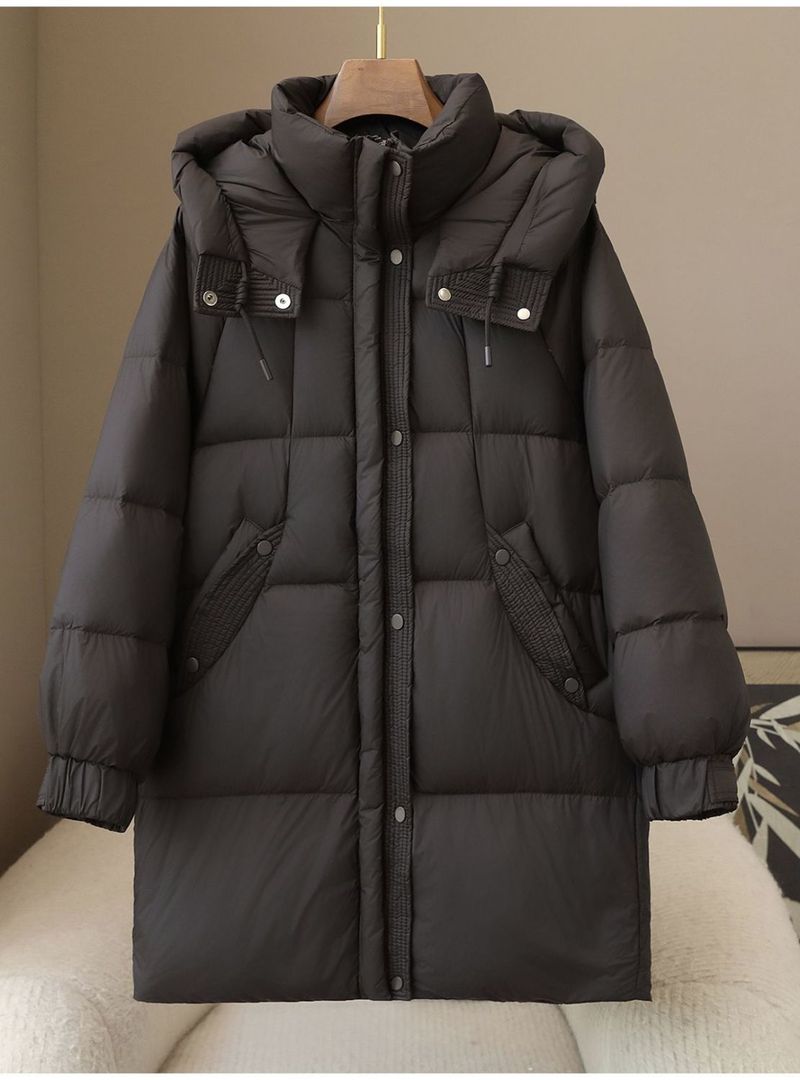 "Women's Fashion Hooded Down Jacket, 90% White Duck Feather Filling, Long Coat For Winter, Loose Fit, Zipper Closure, Multiple Pockets,_voghion.com