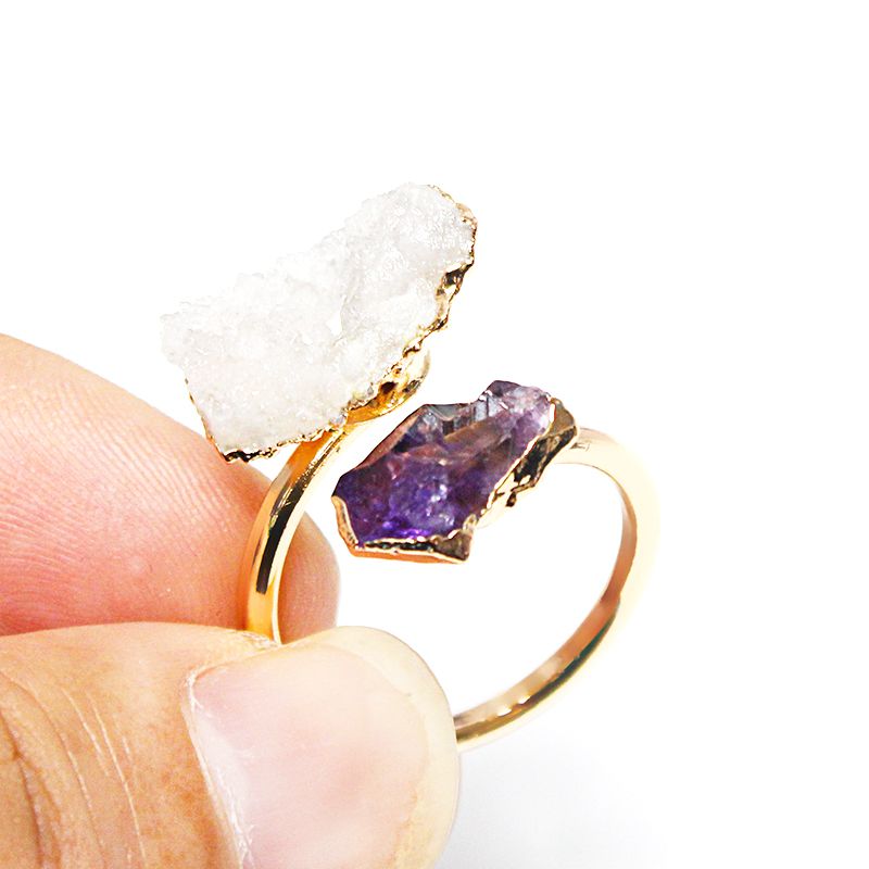 Anello aperto in cristallo druzy e ametista dorato irregolare, fatto a mano, gioiello da dito in pietra grezza, misura regolabile._voghion.com
